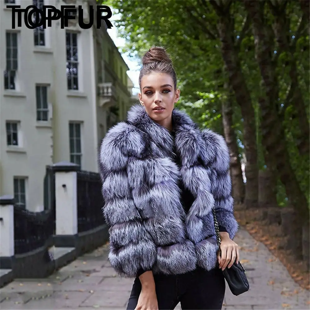 TOPFUR новые модные зимние женские короткие пальто из натурального меха для женщин верхняя одежда из натурального меха серебристой лисы и пальто Базовые Куртки