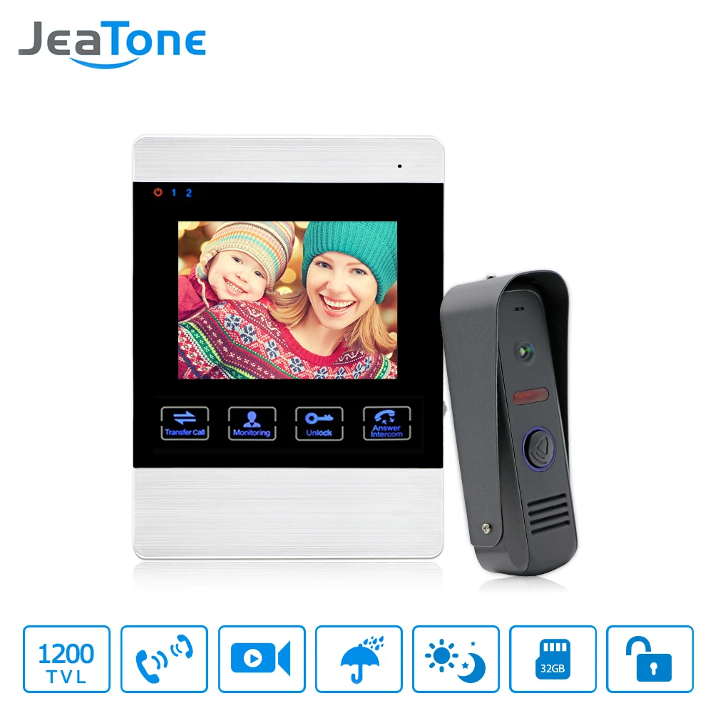 Видеодомофон JeaTone система видеозвонка 4 дюйма 1200TVL водонепроницаемая с ночным