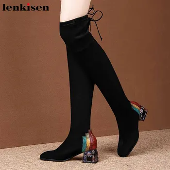 

Lenkisen new fashion crystal heels mixed colors flock stretch boots round toe high heels lace up women over-the-knee boots L16