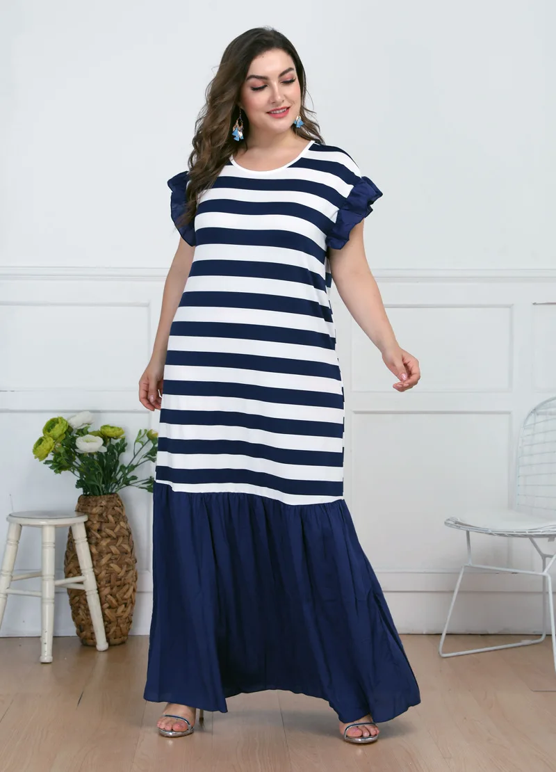 

Large Size Dresses Loose Ruffled Short Sleeves Were Thin Casual Stripes 2019 Summer Long Dress For Women