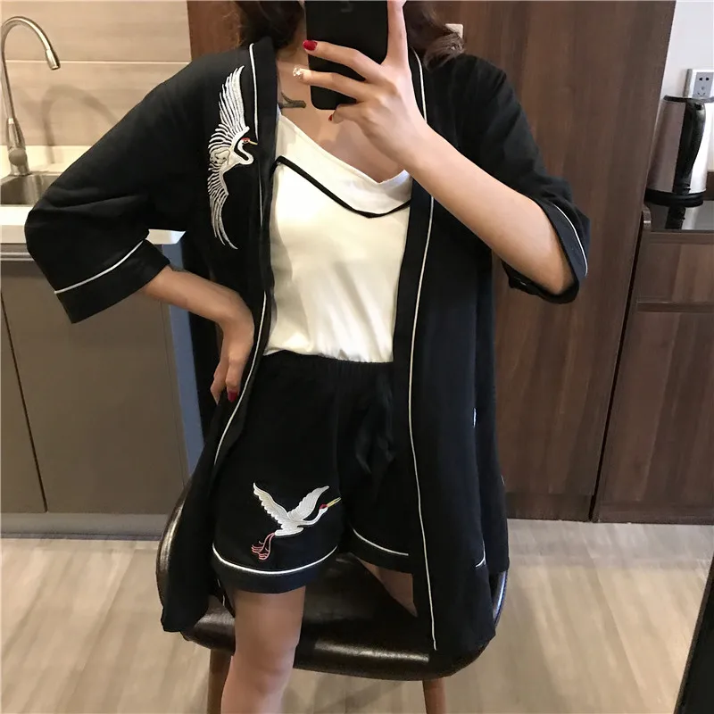 black Летний женский халат с подкладом для груди, хлопковый костюм с шортами, комплекты с платьем, кардиган на бретельках, комплект из трех предметов для дома с 7 рукавами - Цвет: black