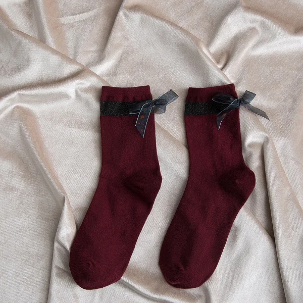 Женские носки с бантом и леопардовым принтом; сезон осень-зима; модные хлопковые теплые носки средней длины в японском стиле; повседневные носки для путешествий - Цвет: wine red