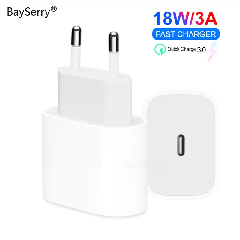Зарядное устройство USB Type-C PD 18 Вт, адаптер для iPhone 12 11 Pro XS Max 7 8 QC3.0 PD, быстрая зарядка питания Type-C, вилка европейского стандарта для Samsung, Xiaomi-0