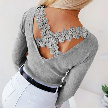 

Lace T shirt Women Casual long Sleeve Tee Shirt Femme Elegant Backless Lace Cross Tops Ladies Stretch Tight tshirt Streetwear