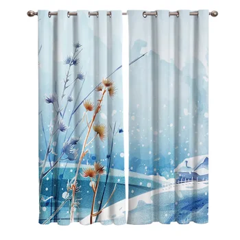 

Winter Landscape With Snow-Covered Houses And Vegetation Outside Room Curtains Large Window Living Room Kitchen Outdoor Indoor