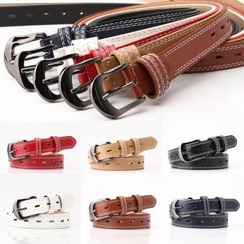 

Vintage Style Women Pu Leather Pure Color Belt High Quality Alloy Pin Buckle Fashion Sewing Thread Desgin Student Waistband