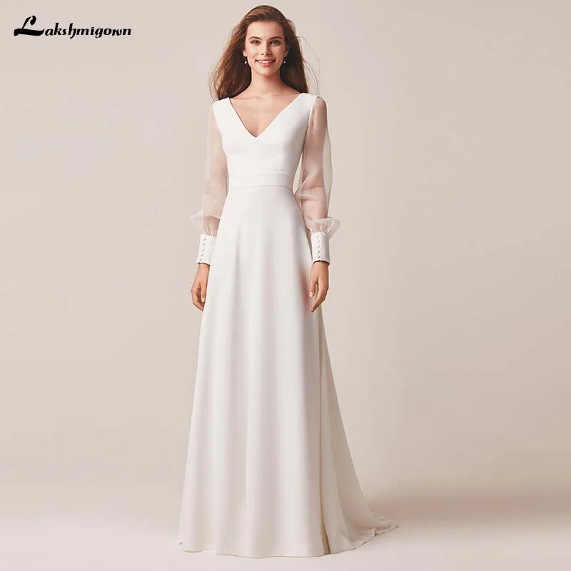

Lakshmigown Beach Country Wedding Dresses 2019 A-line V-Neck With Long Sleeves Backless Draped Bridal Gown Illusion Bodice