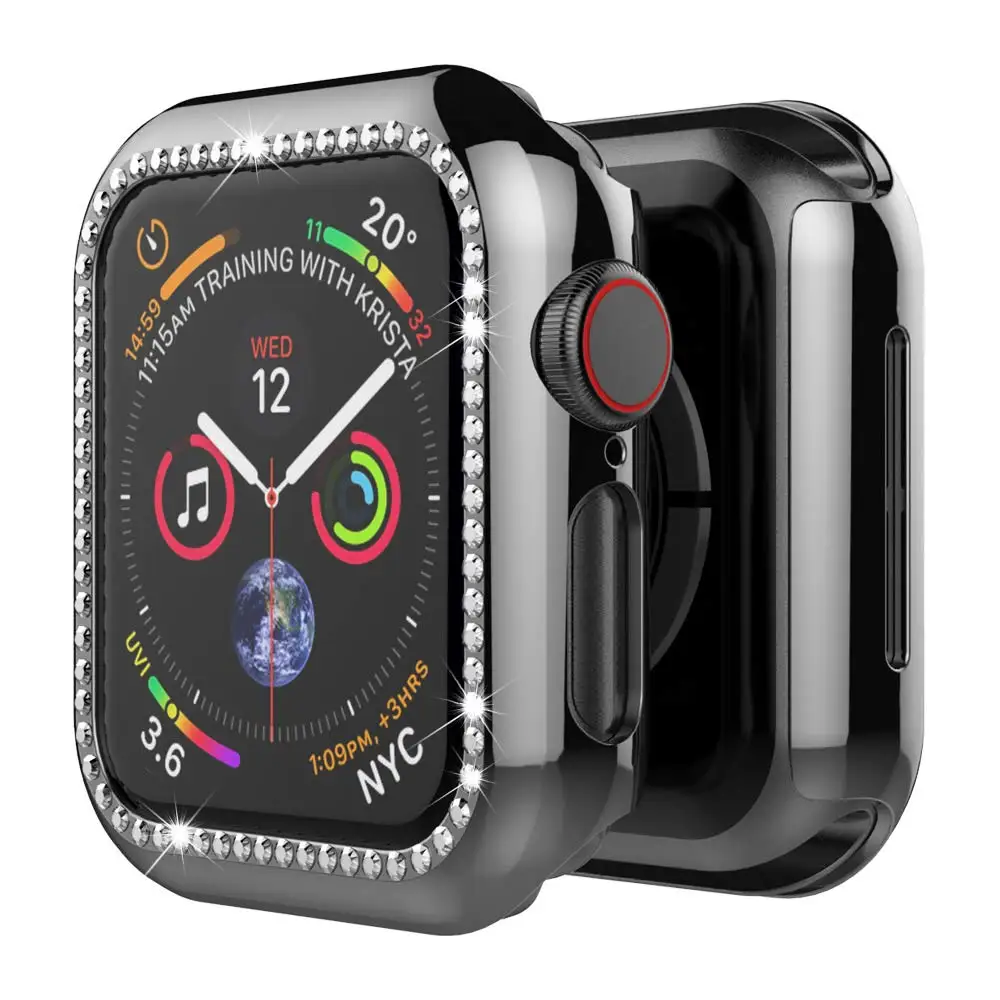 black Шикарный чехол для Apple watch 4 band 44 мм 40 мм iwatch корпус 42 мм 38 мм Алмазный протектор экрана чехол бампер часы аксессуары 44 - Цвет ремешка: black