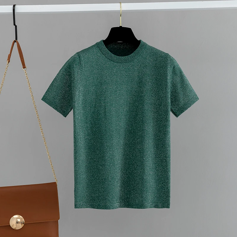 G255 dark green GIGOGOU блестящая женская летняя футболка с люрексом, трикотажная Повседневная футболка с короткими рукавами и круглым вырезом, тонкая трикотажная одежда, базовая женская футболка - Цвет: G255 dark green