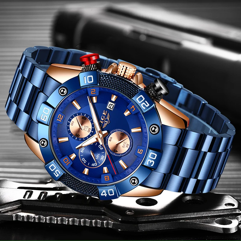 

LIGE Luxury Chronograph Quartz Mens Watches Stainless Steel Waterproof Wrist Watch Men Fashion Classic Clock Relogio Masculino