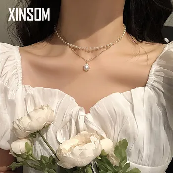 

XINSOM 2020 Double Layer Chain Gold Color Fashion Choker Cute Romantic Women Pearl Pendant Necklace Girl Jewelry Collar XS055