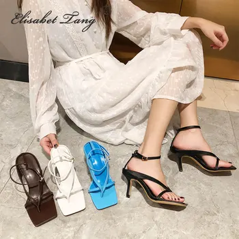 

ElisabetTang 2020 Summer Women Fashion Sandals Black White Roman High Heels Vintage Square Toe Women's Party Dress Shoes Brown