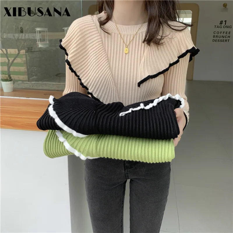 

XIBUSANA OL Basic Bottoming Knit Sweater 2020 New Korean Style Flounced Stitching Pullover Sweaters Slim Warm Thick Knitted Tops