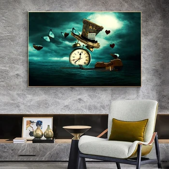 Clock Violin Butterfly Hat Surrealism Painting Printed on Canvas 5
