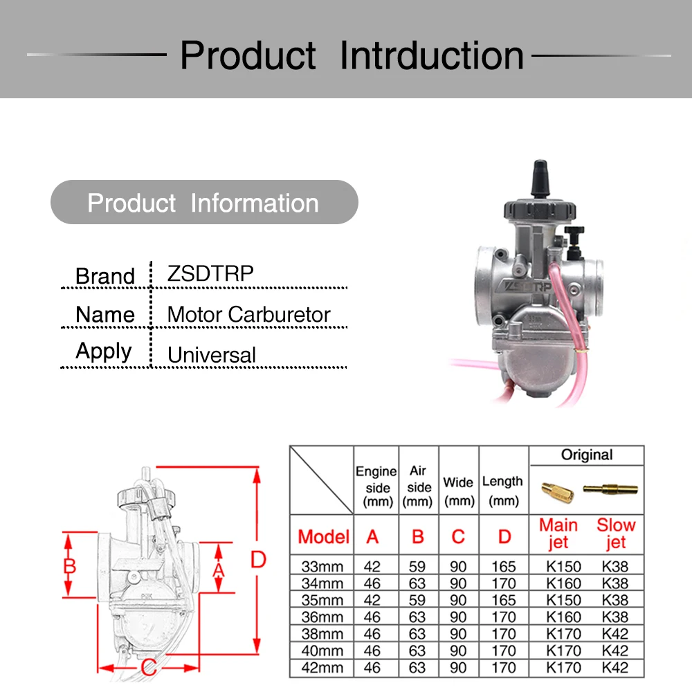 ZS Racing Motorcycle Keihin PWK Carburetor 33 34 35 36 38 40 42mm Racing Carb Universal 2T 4T engine Dirt Bike Scooter ATV Quad