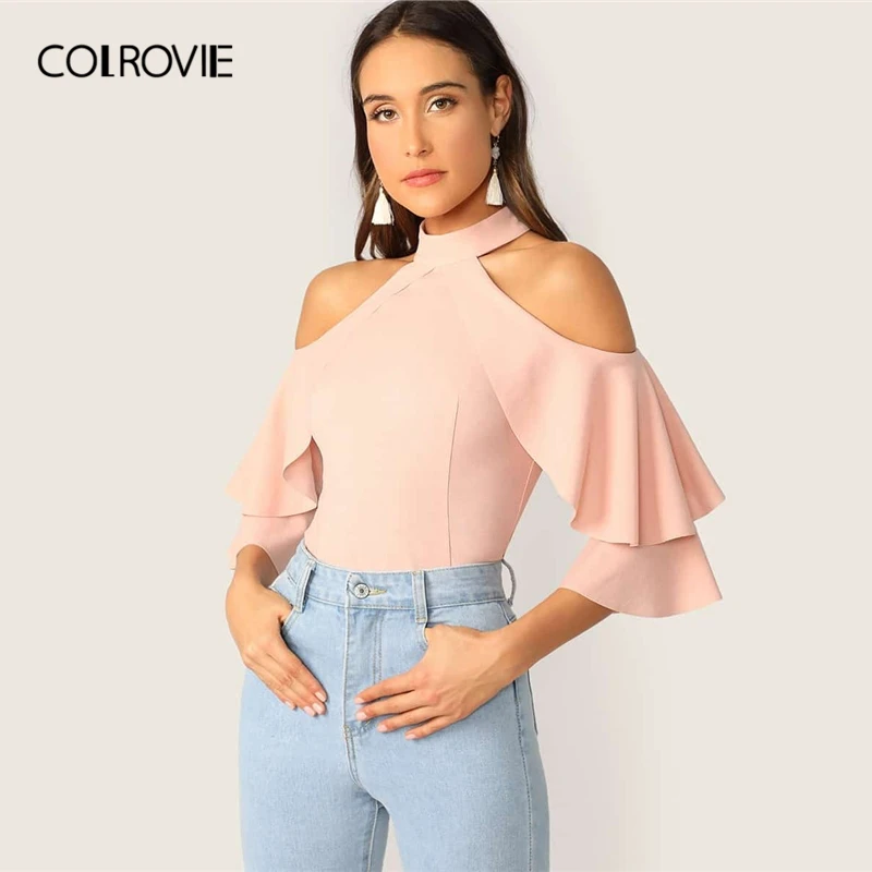 

COLROVIE Pink Ruffle Halter Cold Shoulder Bell Sleeve Top Women 2019 Spring Half Sleeve Sexy Blouse Elegant Solid Ladies Blouses