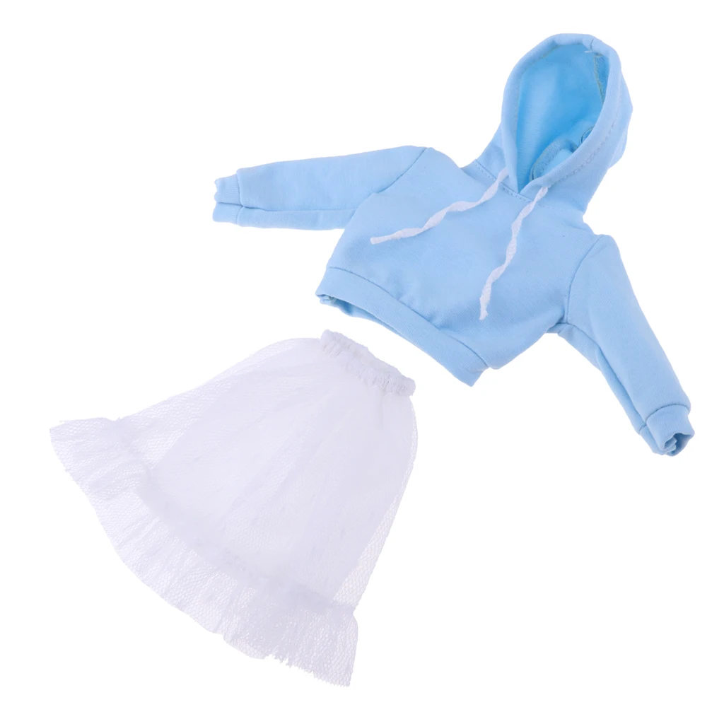Fashion Long Sleeve Hoodie Veil Skirt Outfit for 12inch Blythe Licca Pullip Dolls Clothes Accessories Blue