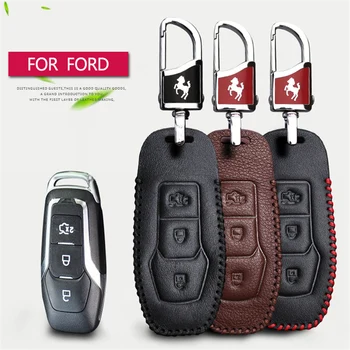 

Leather Car Smart Key Case Cover for Ford Mondeo Mk3 Mk4 Mk5 Ranger Mustang Focus Fusion Kuga Fiesta Ranger Key Fob Chain Holder