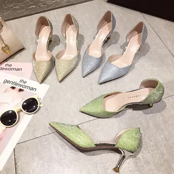 

2019 autumn new fashion simple solid color sequins high heels women trend comfortable and comfortable toe casual shoes