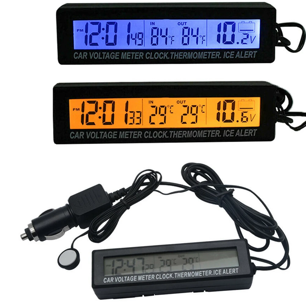 3 In 1 Auto digitale Auto-Thermometer Voltmeter Uhr Volt Temperaturmonitor  12v Outdoor-Innenled orange/blau Hintergrundbeleuchtung