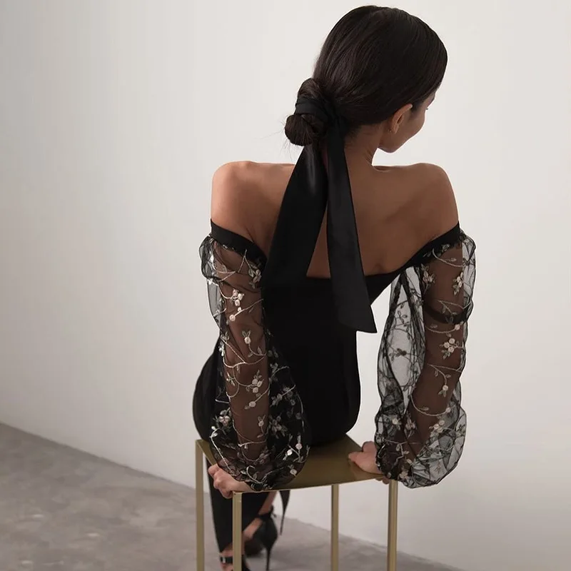 Ball Black Dress For Women Lace Translucent Sleeve See Through Patchwork Tunics Female Elegant Prom Party Formal Attire Ball Black Dress For Women Lace Translucent Sleeve See Through Patchwork Tunics Female Elegant Prom Party Formal Attire