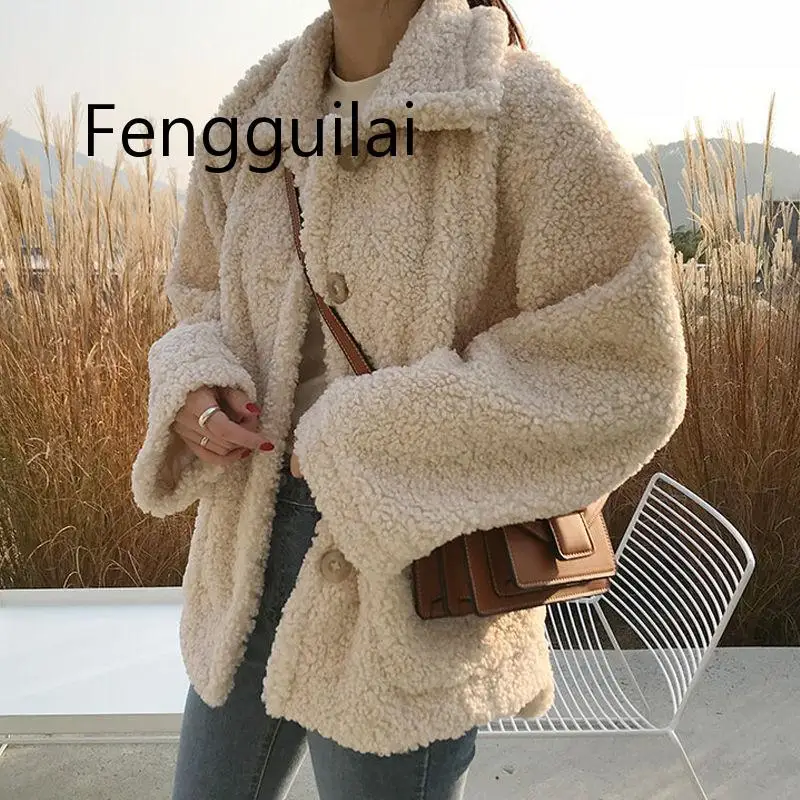 

New Women Lambs Sheep Velvet Coat Autumn Winter Loose Jacket Artificial Lapel Fur Tops Locomotive Plus Velvet Thickening