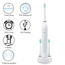 Перезаряжаемая умная электрическая зубная щетка+ 3 зубные головки+ usb Зарядная база 5 режимов работы таймер IPX7 водонепроницаемый белый