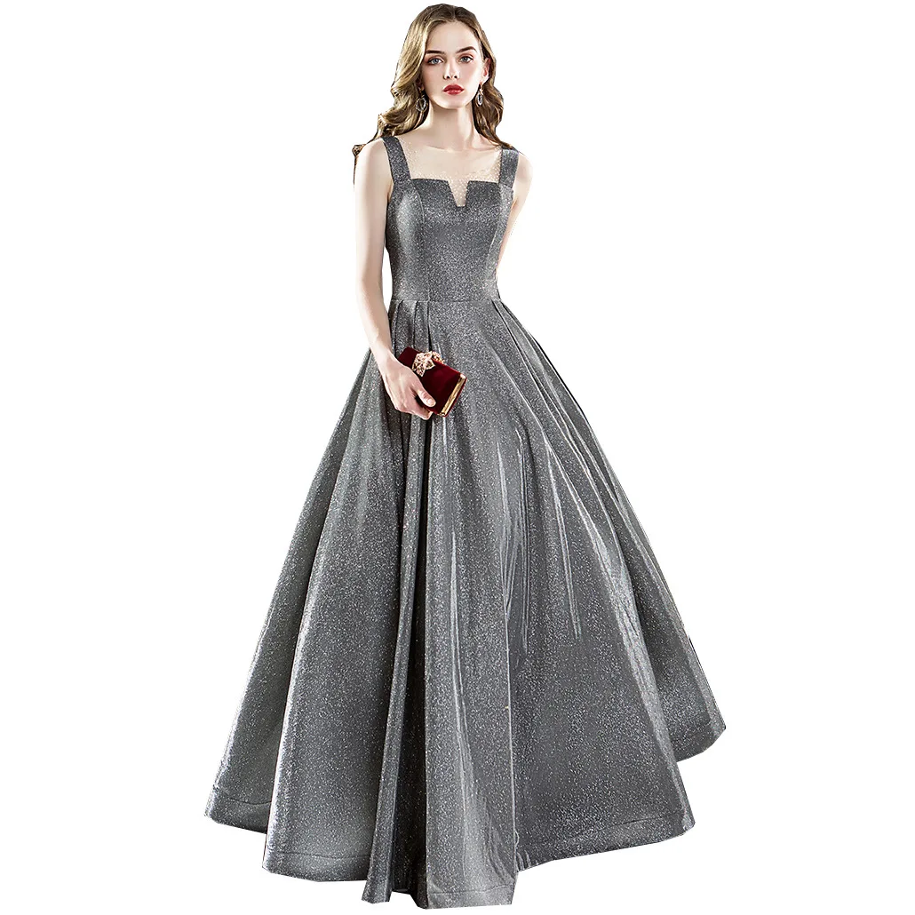 

A Line Scoop Neckline Sleeveless Strap Floor To Length Grey Glitter Prom Dresses Backless Sparkly Elegant Cocktail Gowns Women
