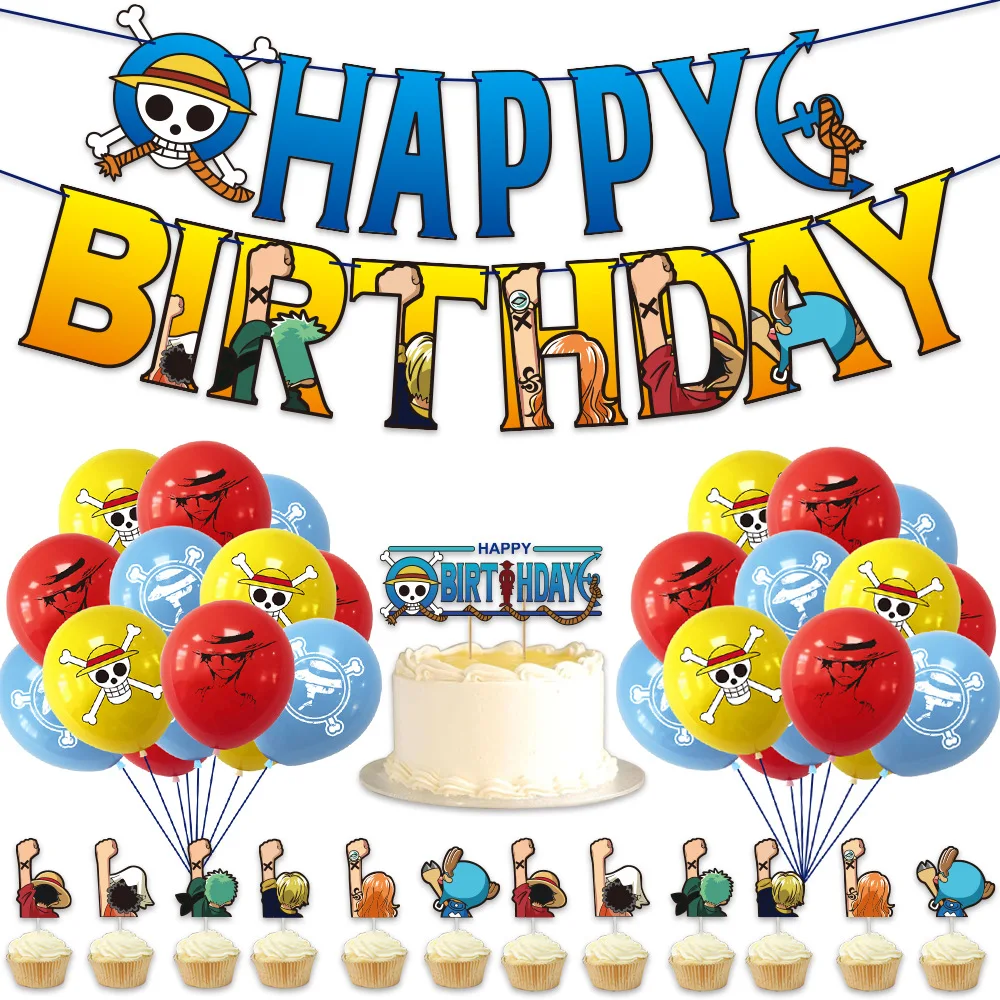 1 Set Anime ONE PIECE Balloons Happy Birthday Banner Cake Topper Balloon for Boys Girls Party Decor Kids Air Globos Toy | Дом и сад