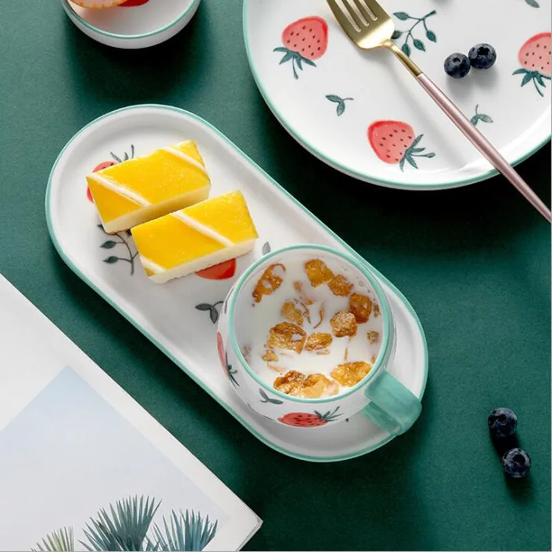 Cute Strawberry Kitchen Ceramic Plate Tableware Set Food Dishes Rice Steak Salad Noodles Bowl Soup Kitchen Cook Tool 1pc