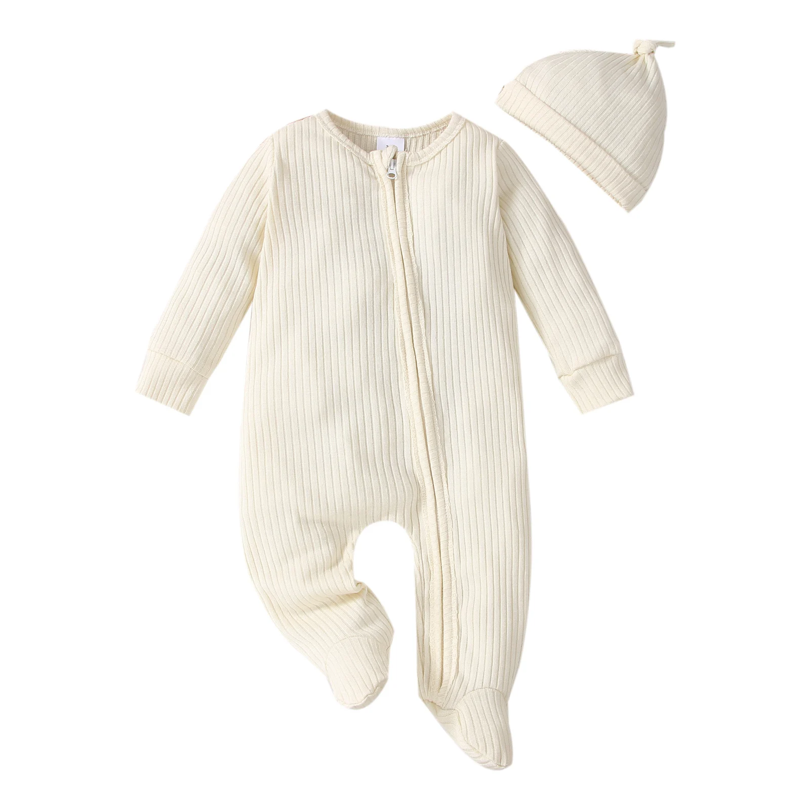 2021 0-24M Infant Baby Girl Boy Jumpsuit Autumn Casual Solid Color V Neck Zipper Long Sleeve Knitted Wrapped Romper+Hat 2pcs Cotton baby suit Baby Rompers