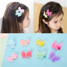 Южная Корея, Детские аксессуары для волос, милые жемчужные шифоновые заколки-бабочки, заколки для девочек, тканевая обертка, боковая заколка для головы ребенка, Acce