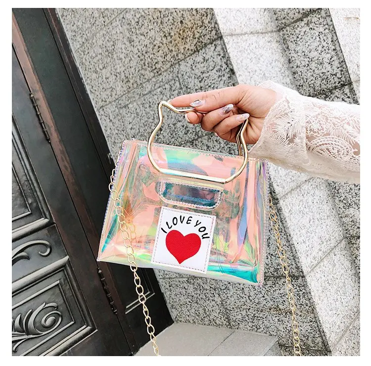 

Self-Production And Marketing Spring And Summer-Laser Peach Heart the Cat Fresh And Lovely Pu Shoulder Bag with Chain