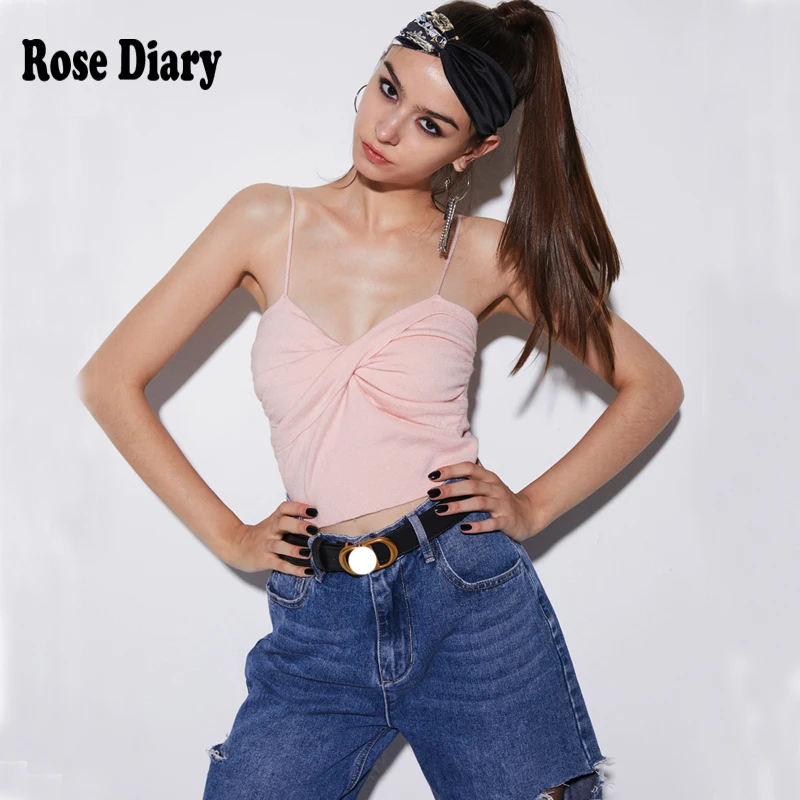 RoseDiary Runway Stylish Ruched Sexy Summer Cropped Tops Casual V neck Strap Camisole debardeur femme top Tanks brandy melville | Женская