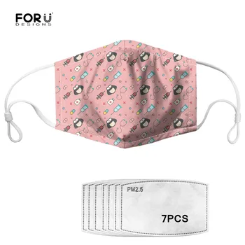 

FORUDESIGNS PM2.5 Mouth Mask with 7pcs Filter Nurse Cap Printed Unisex Face Mask Dustproof Reusable Comfort Mouth-muffle