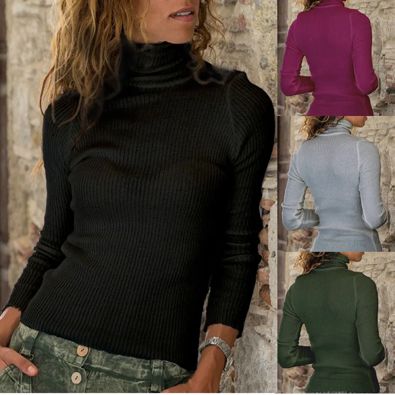 

2020 New Women Sweater High Neck Pullover Pure color Slim Fasion Grey Green Black Warm