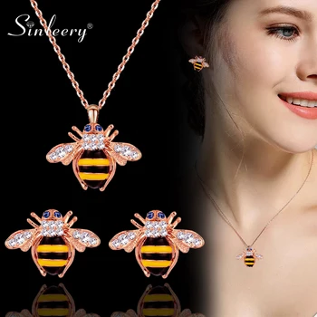 

SINLEERY 2020 New Animal Jewelry Set Rose Gold Color Cute Solid Little Bee Pendant Necklace Earrings Set For Women TZ411 SSA