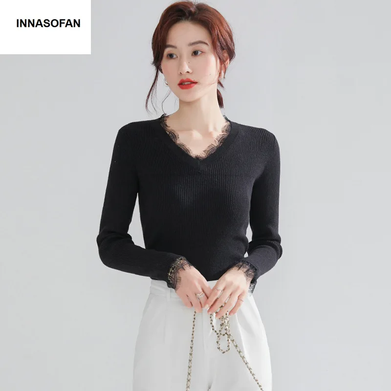 

INNASOFAN sweater women Autumn Winter knitted long-sleeved sweater Euro-American fashion V-collar sweater with lace