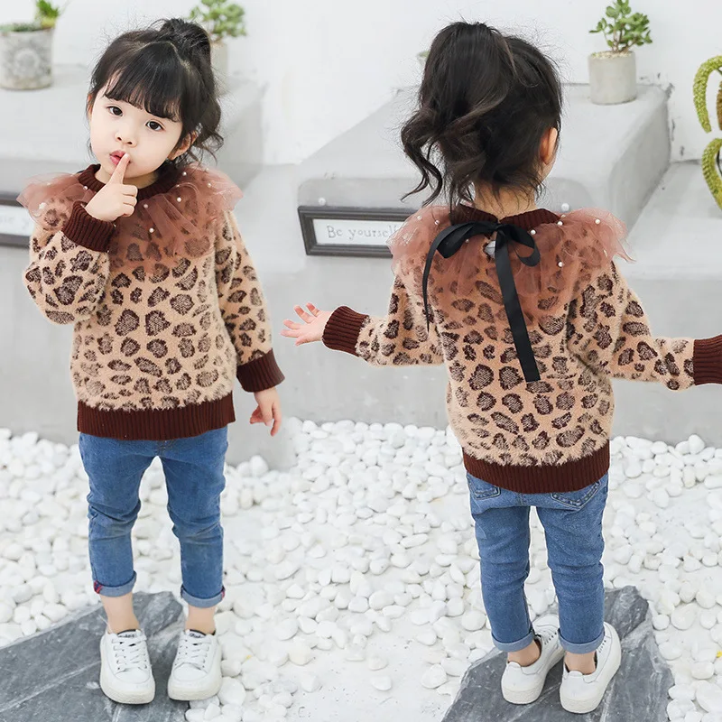 

Autumn New Style Girls Lace Lace Collar Pullover Faux Mink Cashmere Leopord Pattern Sweater Children Western Style Coat Knitted