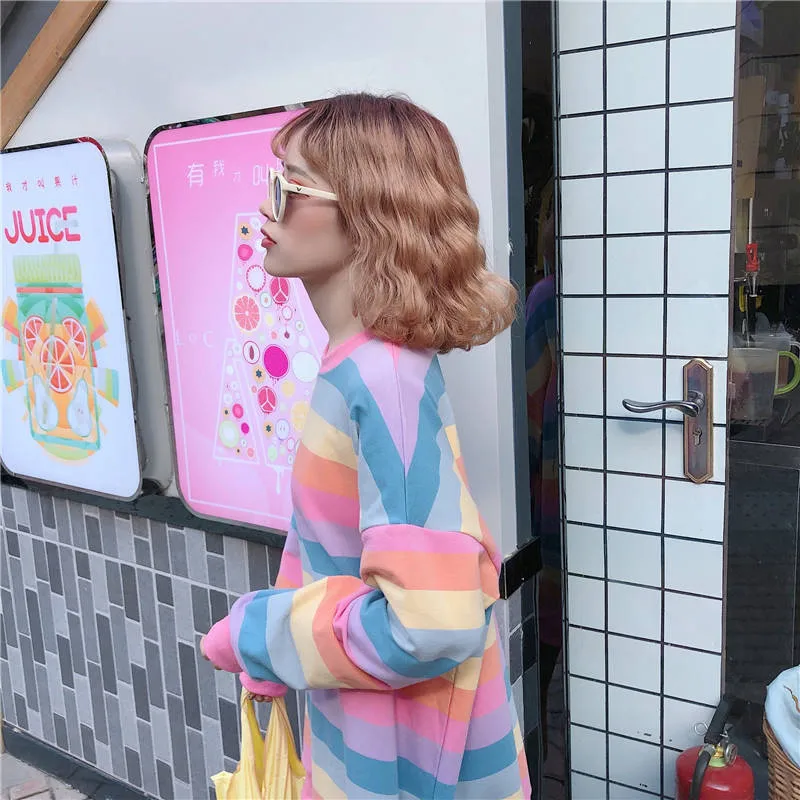 Милые осенние толстовки из хлопка Harajuku радужные полосатые толстовки женские милые Макарон толстовки свободные с круглым вырезом женские толстовки