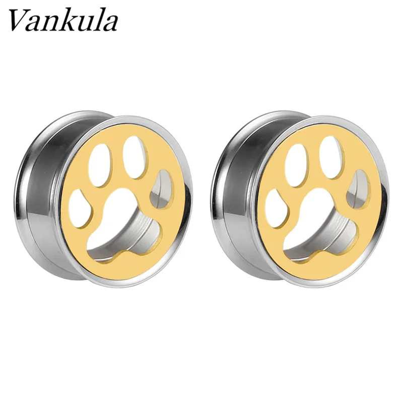 Vankula 316L Stainless steel Ear Plug Tunnels Body Jewelry Piercing The Bear's Paw Ear Tunnel Earrings 2pcs Lot Pair Selling - Окраска металла: gold