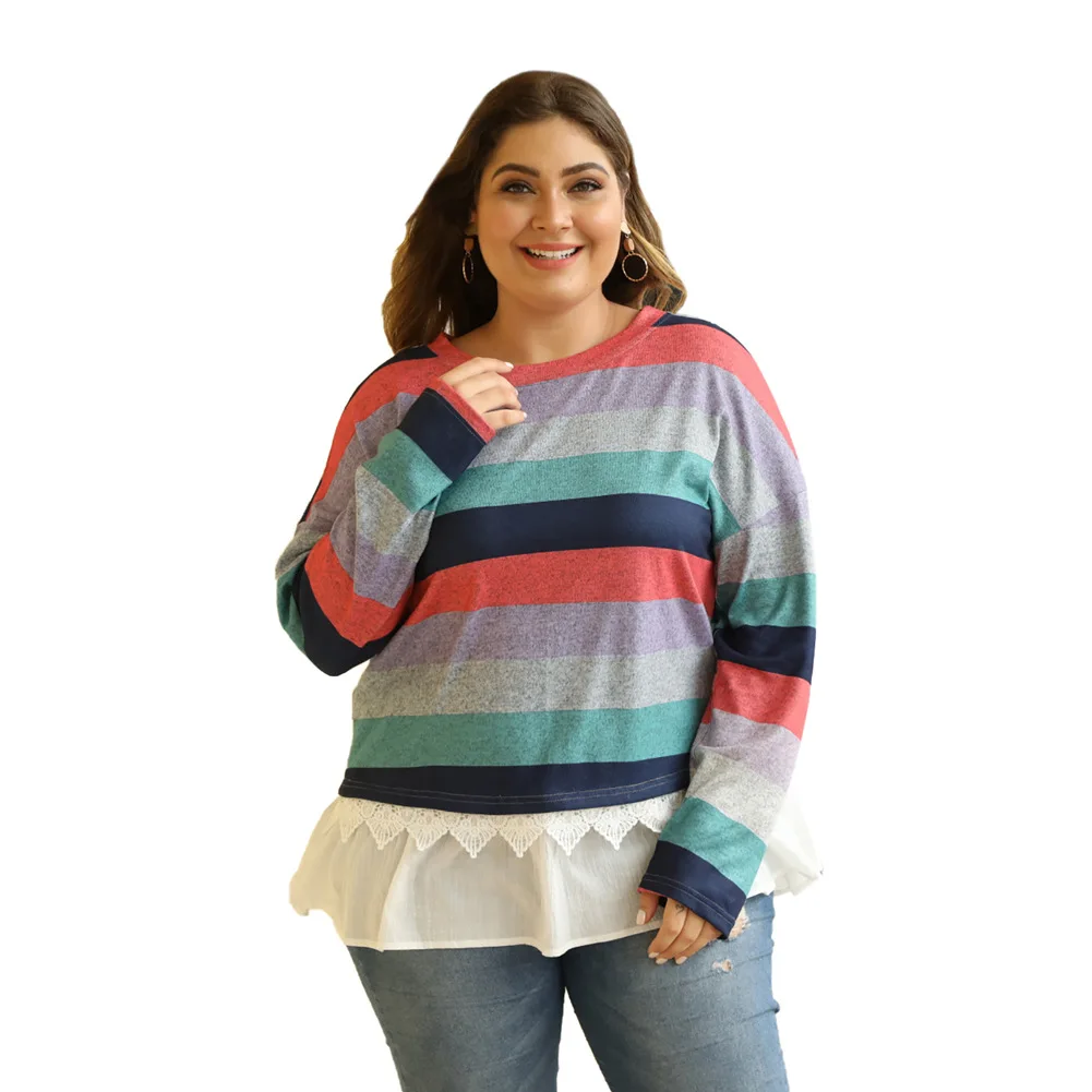 5XL размера плюс, осенне-зимняя женская блузка с круглым вырезом и длинным рукавом, цветная Полосатая туника, топы, кружевные лоскутные свободные топы, верх размера d - Цвет: Красный