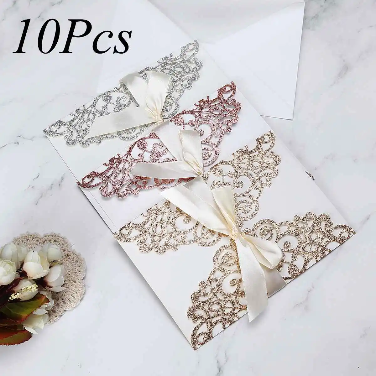  10pcs Design Wedding Invitations Flower Pattern Laser Cut Lace West Cowboy Customize Invitation Car - 4000460799855