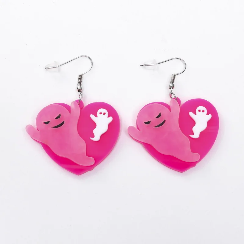 

New Arrival Creative Cute Pink Peach Heart Love Ghost Acrylic Dangle Drop Earrings Funny Halloween Fashion Jewelry Women Girl