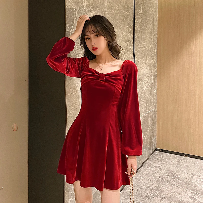 2020 Spring Women Clothing Fashion French Bow Square Collar Long Sleeve Velvet Dress High Waist Thin A-line Mini | Женская одежда