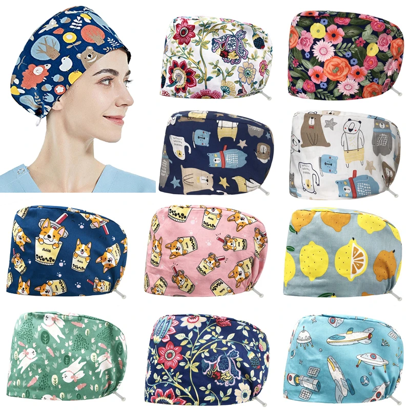 Multi-purpose Cartoon Animal Fruit Print Adjustable Nurse Cap Unisex Medical Dentist Working Hair Hat blue skully hat