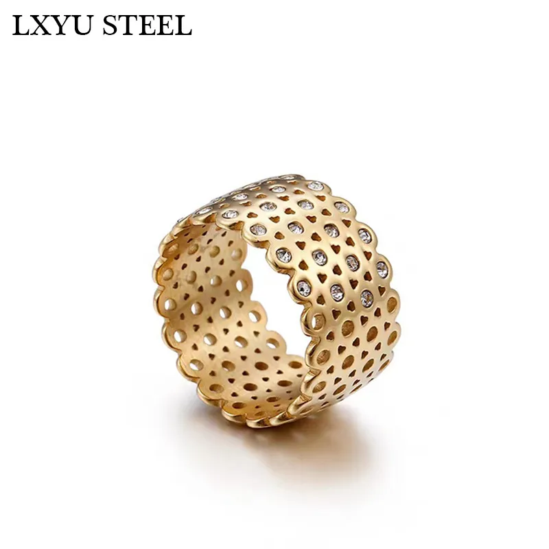 Stainless Steel Gold Color Rings For Women 12mm Width Rhinestones Grid Charm Finger Rings Wedding Band Jewelry