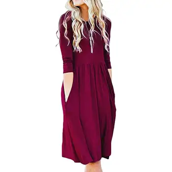 

Women Fashion Tight Waist Solid Color Long Sleeve Round Neck Pocket Midi Dress Solid Long Sleeve Round Neck Pocket Midi Dress