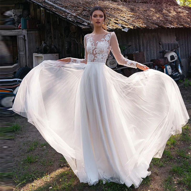 

Thinyfull 2021 Bohemian Long Sleeves Wedding Dresses Lace Appliques Country Robe Bride Dress Backless A-Line Vestido De Novia