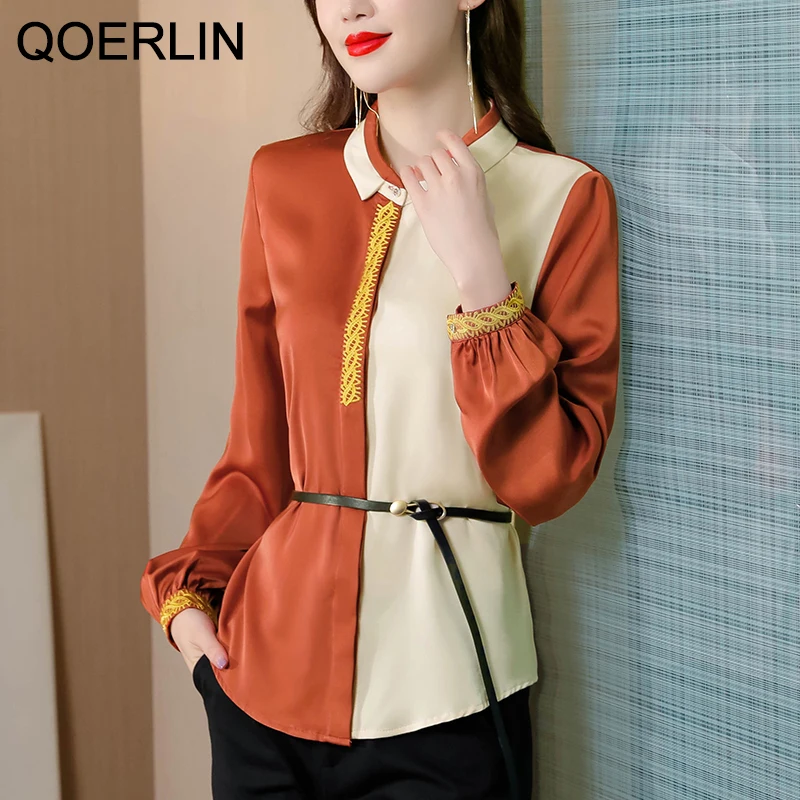 QOERLIN M-3XL Vintage Contrast Color Embroidered Shirt Women Long Sleeve 2022 New Office Lady Button Up Blouse Female Work Wear